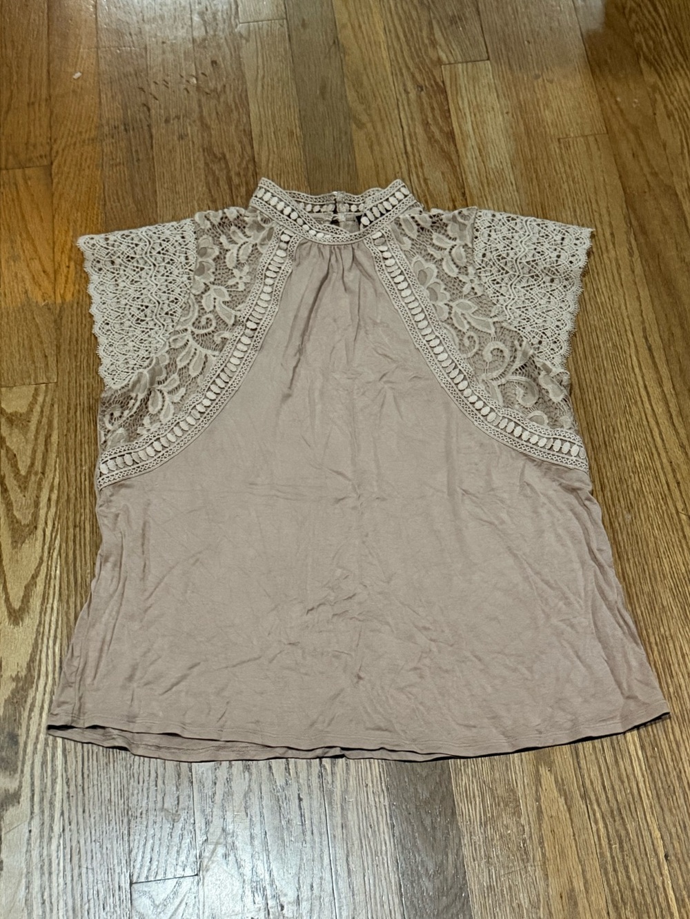 Cable & Gauge Lace Yoke Mock Neck Top - Taupe Size L